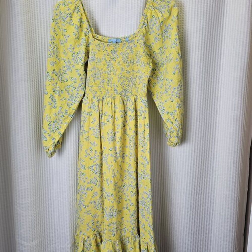 Draper James Small Linen Blend Yellow Blue Floral Peasant Dress Sundress Casual